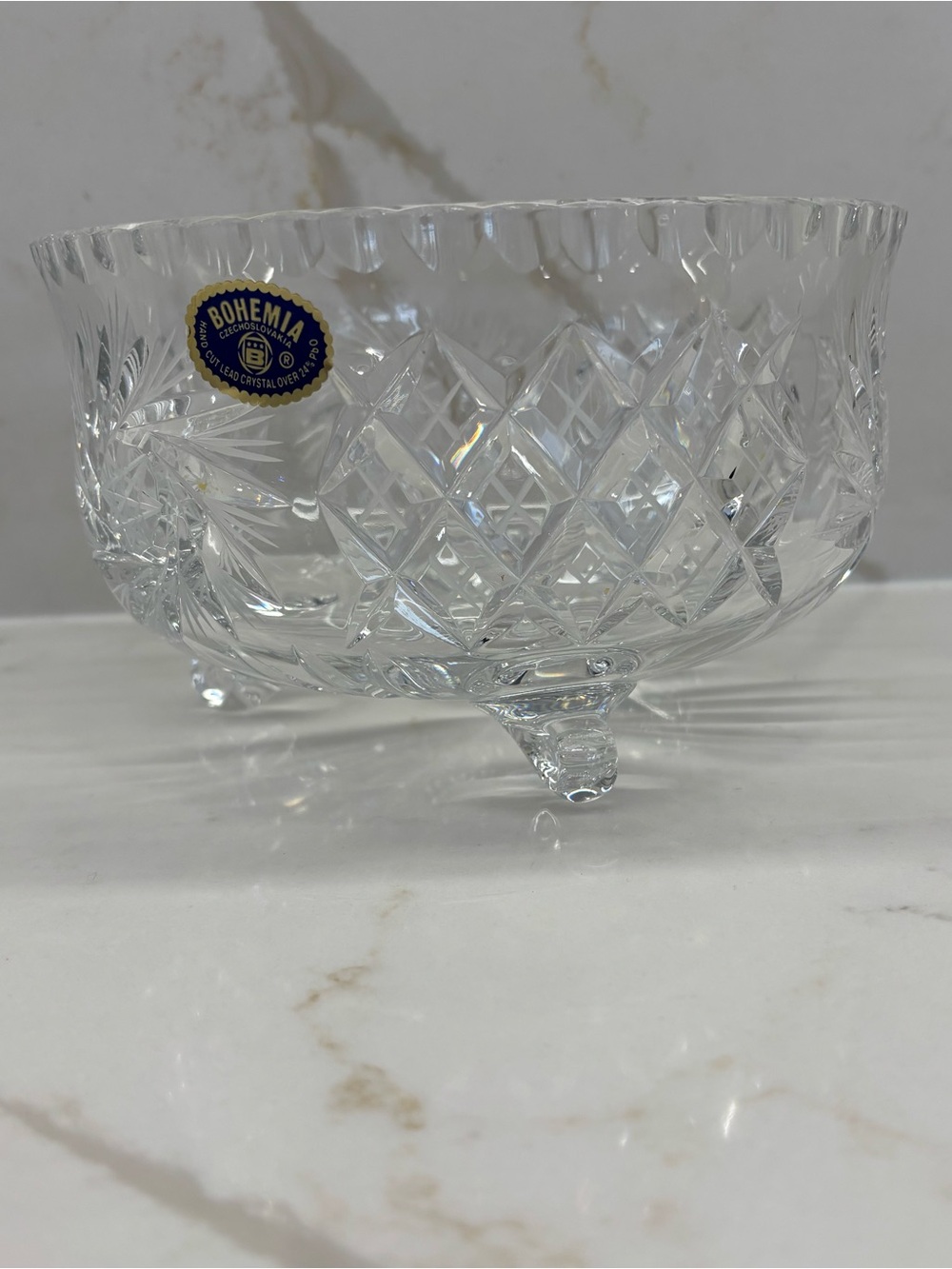 Vintage Bohemia Lead Crystal Pinwheel Diamond Pedestal Three Footed Bowl